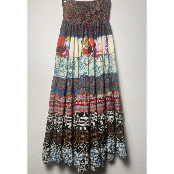 Recycled Silk Blend Floral Patchwork Tiered Ruffle Skirt Free Sz Gypsy Boho - Picture 7 of 8